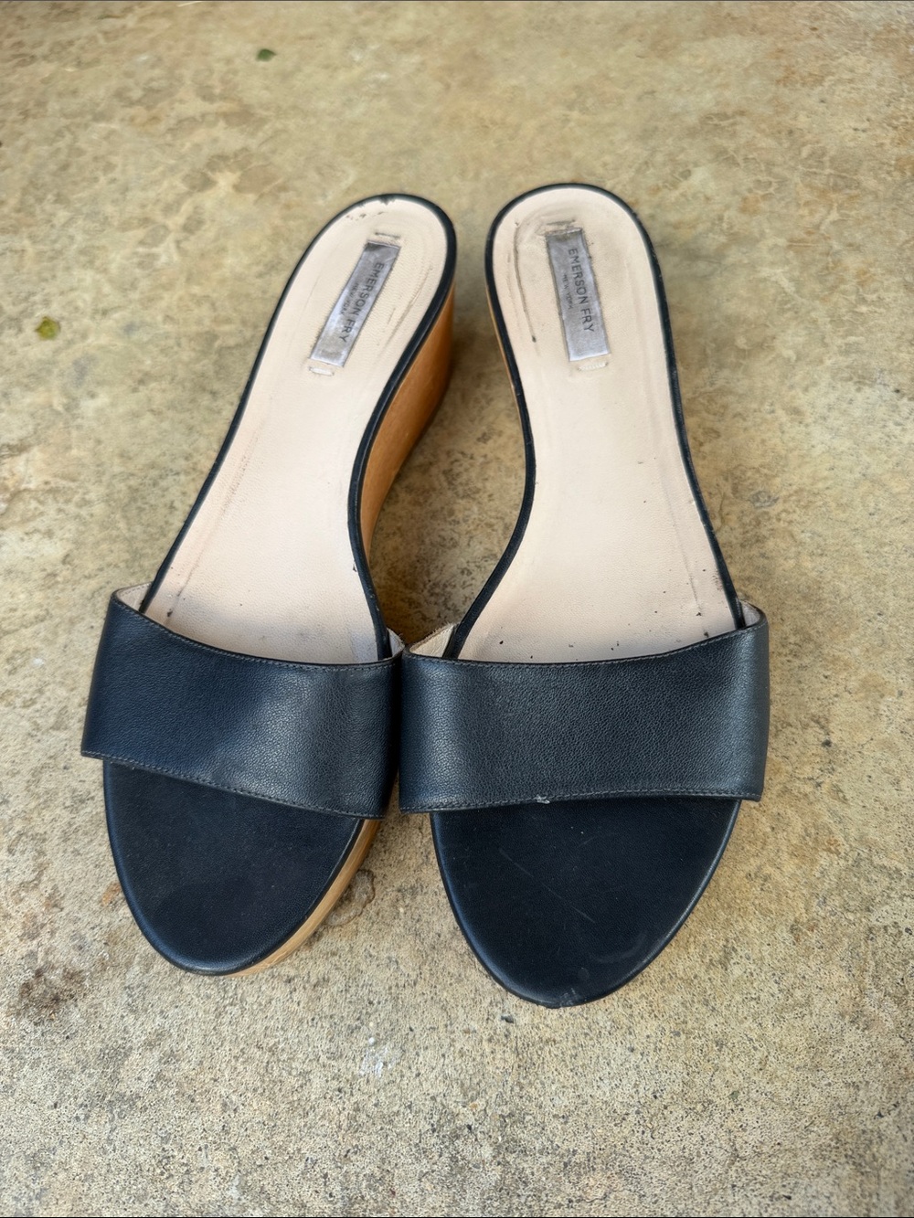 Emerson Fry Black Leather Slide Mules with Tan Wedge Sole